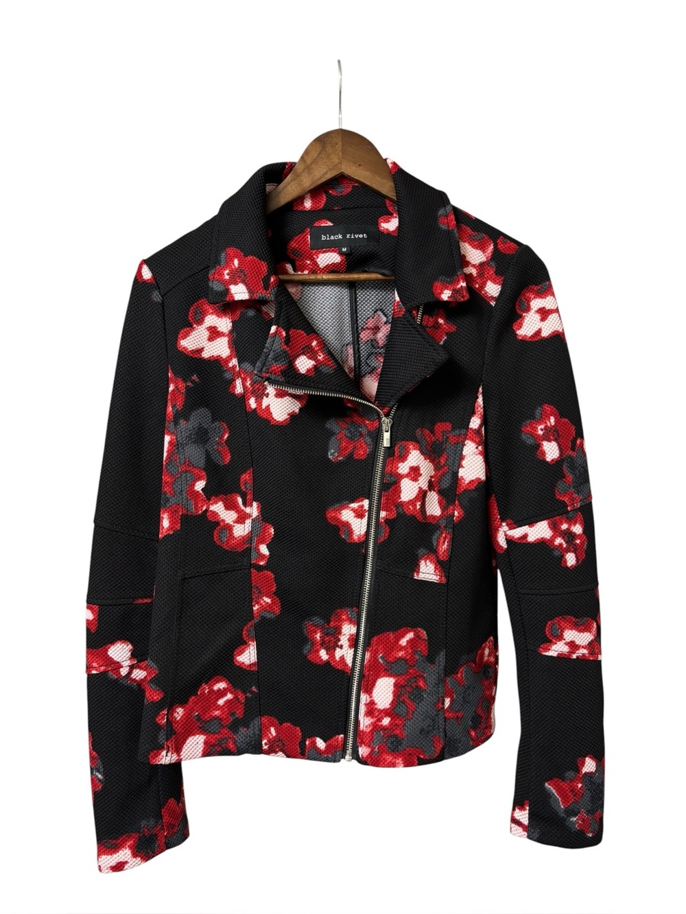 Black Rivet black red floral pattern texture knit bomber style moto zip jacket M
